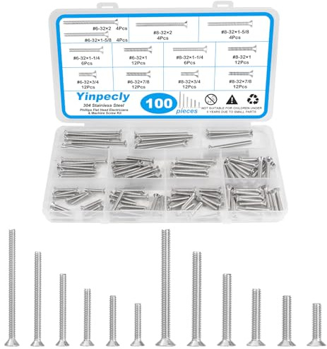 Yinpecly 100 PCS Machine Screws, #6-32#8-32 Phillips Flat Head Electricians Screw Kit 304 Stainless Steel Outlet Screws for Wall Plate Switch, Receptacles Mounting Screws