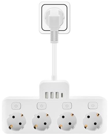 Aischens Steckdosenleiste mit USB,4 Fach Mehrfachsteckdose mit Einzelschalte, Mehrfachsteckdose mit USB-C & 3 USB-A, Steckdosenadapter mit Kable USB Mehrfachstecker für Zuhause Büro Schlafzimmer Küche