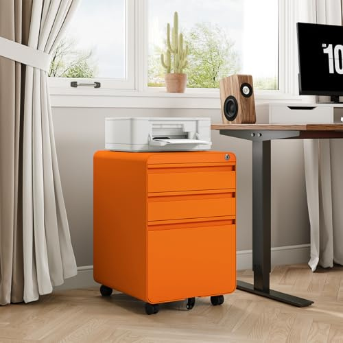 Dripex 3-Drawer Mobile Filing Cabinet, Lockable, Bright Orange | Pre-Assembled, Steel Construction, Hanging File Rails A4/Letter/Legal File, Lockable Swivel Castors, Anti-Tilt Design