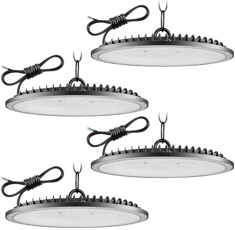 Lampe Eclairage Atelier 300W 4 Pièce,6500K Blanc Froid UFO Lampe Atelier avec 50cm Chaine,30000LM Super Brillant Plafonnier LED Garage,IP65 Étanche Éclairage de Plafond pour Garage Entrepôt Usine