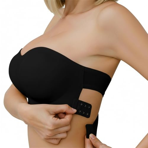 Zidoley Strapless Bras for Women, Cross Back Seamless Bra, Side-Clasp Non Wired Bra, Non-Slip Bandeau Bra, Black Bralettes for Women (M)