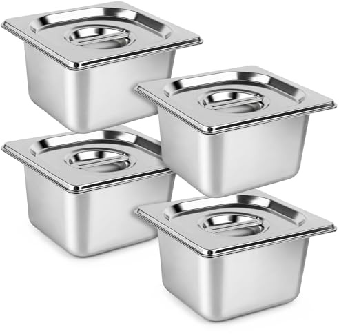 Buudreza Juego de 4 cuencos para empanar, recipiente GN 1/6, 17,6 x 16,2 x 10 cm, juego de empanado para chuletas, recipiente gastronorm de acero inoxidable con tapa, chuletas de carne, pescado