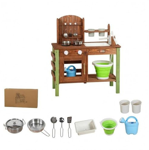 Fonowx Cuisine d'Extérieur pour Enfants Cuisine Évier Robinets Armoire Surface à Grain Bois et Pieds Latéraux Stables Adaptée au Jardin Terrasse Pédagogique Jeux Collectifs