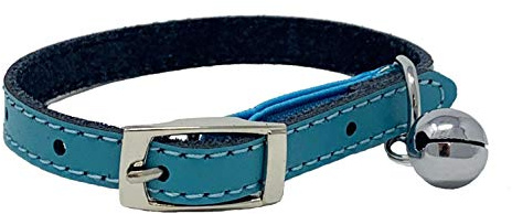 Cat Collar Real Leather with Safety Elastic, Bell, Available (Blue)