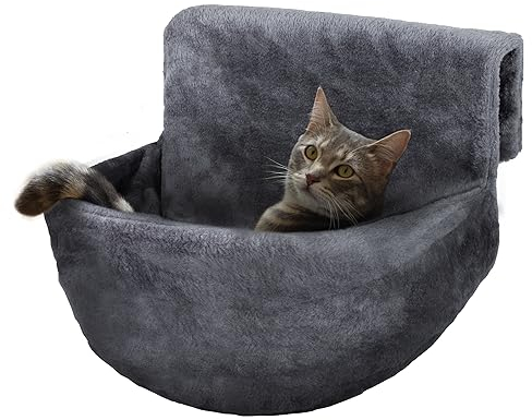 Petlicity Deluxe Radiator Cat Bed – Round Cosy Fleece Basket Hammock with Raised Rim & Strong Iron Frame for Cats, Kittens, Puppy & Small Pets – Washable Removable Cover – Grey