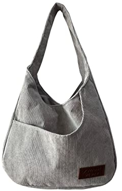 Ulisty Damen Cord Breiter Gurt Hobo Tasche Schultasche Shopper Handtasche Lässig Tote Bag Grau