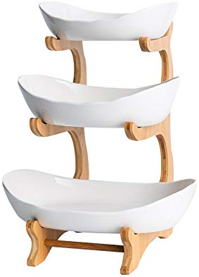 3 Tier Ceramic Fruit Bowl, Vegetable Storage with Bamboo Wood Porcelain Fruit Stand Storage Holder for Kitchen Counter Large Capacity Fruits Holder for Bread, Snack (White)