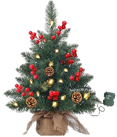 TSLBW Mini Christmas Tree with LED String Lights, Artificial Tabletop Christmas Tree with Pine Cones and Red Berries Ornaments, Small Xmas T ree for Home Office Bar Dining Table Decorations (A)