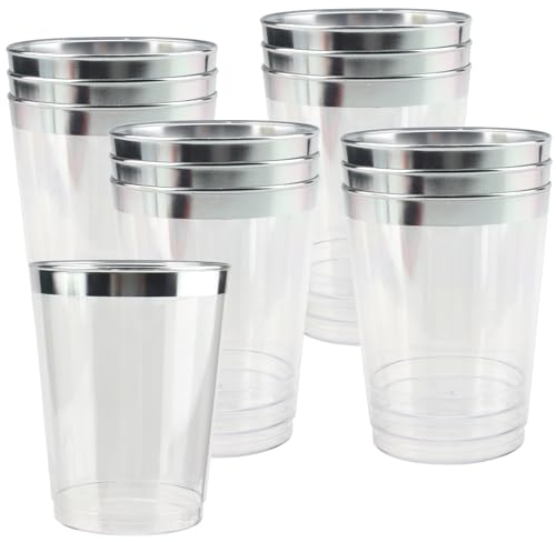 MOUYAT 100 PCS 360ml Silver Rimmed Plastic Cups, 12oz Plastic Cocktail Glasses Clear Tumblers, Party Drinking Cups for Birthdays, Weddings, Christmas, Picnic, Parties, and Events