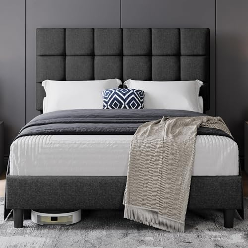 Yaheetech 4ft6 Double Bed Frame Upholstered Platform Bed with Adjustable Square Tufted Headboard/Linen Fabric/Sturdy Wooden Slat Support/No Box Spring Needed, Dark Grey Double Bed