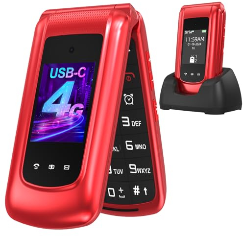 USHINING 4G Seniorenhandy Klapphandy ohne Vertrag, Mobiltelefon Großtasten Handy für Senioren mit 2,4 und 1,77 Zoll Dual Farbdisplay Dual-SIM SOS-Notruftaste USB-C Ladestation Kurzwahl Wecker, Rot