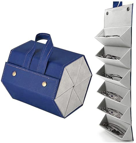 Almacenamiento Gafas Sol, 6 Ranuras Caja de Gafas Organizador de Gafas de Sol de Viaje Estuche de Gafas Cuero PU Caja de Exhibición Colgante de Gafas Plegable para Almacenamiento de Gafas(Azul Oscuro)