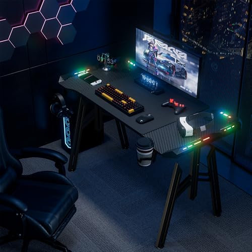 SUBTLETY Escritorios Gaming 120x60cm M-Frame Mesas de Ordenador con Portavasos y Auriculares Soporte Mesa Ergonómico Capacidad de Carga hasta 100KG Tableros de Juegos para Oficina Estudio