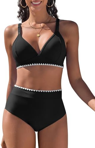 UMIPUBO Bikini Damen Set High Waist Bauchweg Push Up Zweiteiler V-Ausschnitt Bademode Hoher Taille Colour Blocking Mit Muschelkante Badebekleidung(Schwarz,XL)