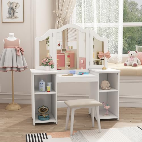 Vicco tavolo da trucco per bambini Estella, Bianco, 105 x 117.9 cm Con specchio, con specchio pieghevole e ampia superficie d’appoggio