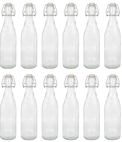 Argon Tableware 520ml Glass Bottles with Swing Top - Clear - 12x Reusable Empty Water Wine Milk Olive Oil Juice Gin Home Brew Brewing Drinking Fridge Dispenser Storage Jars with Stopper Lid