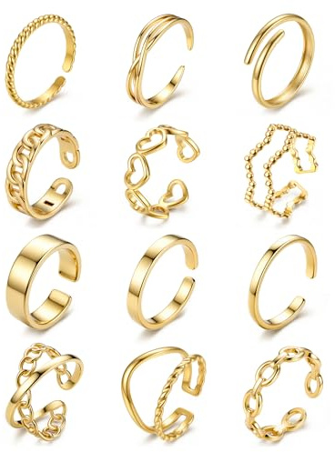JeweBella 12 Pezzi Set Anelli Donna Acciaio Inossidabile Anello Oro/Argento Placcato Oro 18K Anello Impilabile Aperto Regolabili Anelli Nocche Pollice Donna Moda Gioielli