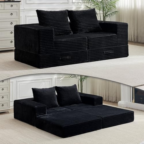Vamcheer Sofa Cama 2 Plazas - Sofa Bed Armchair y 2 Almohadas, Sofá Modular, Sofá Cama Matrimonial Chaise Longue 180cm, No Requiere Montaje para Dormitorio Sala de Estar Oficina, Negro