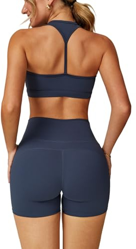 IMEKIS Gym Set Damen Yoga Outfit Racerback Sportbh mit Hohe Taille Shorts 2 teilig Sommer Sportanzug kurz Workout Fitness Bekleidung für Jogging Pilates