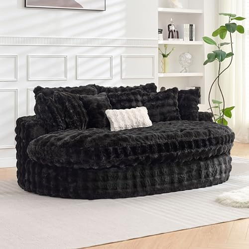 TYBOATLE 83’’ Oversized Round Chaise Lounge Chair Indoor w/Deep Seat, Round Memory Foam Couch, Comfy Fluffy Plush Chaise Lounge Indoor w/Double Cushion, Circle Bed for Livingroom (Black)
