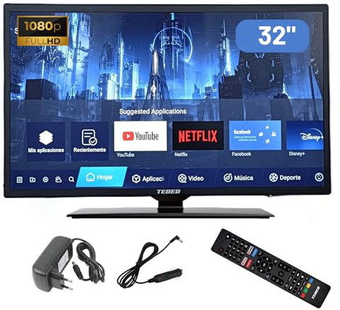 TEBER. Smart TV 32 - 12 V/24 V/230 V - Android 11 - Full HD - Télécommande vocale - Grande résolution 1920 x 1080 - DVB-S2/C/T2/T - pour Camping-Cars, Cuisines, Chambres, Campers, Bateaux, camions