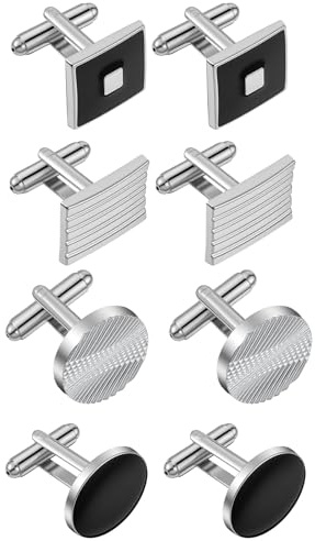 8 Pcs Cuff Links Mens Cufflinks Classic Silver Black Cufflinks Striped Round Square Rectangle Cuff Links for Shirt Suit Tuxedo Wedding Groom Elegant Gift