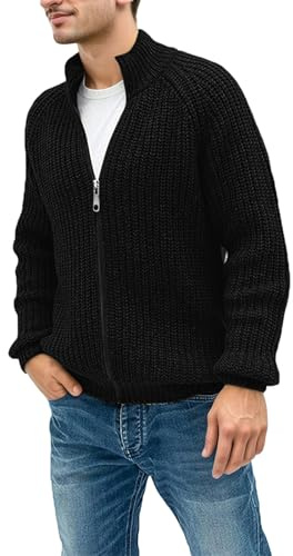 Cexiakong Suéter de punto para hombre de moda monocromático cárdigan informal cómodo cárdigan de punto suelto otoño invierno con cremallera Cárdigan monocolor cuello alto chaqueta tradicional, O negro