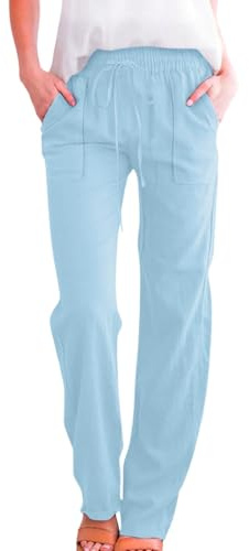 Womens Trousers White Cotton Linen Pants Solid Color Casual Summer Trousers Drawstring Elastic Waist Long Pants with Pockets Lightweight Comfy High Waisted Straight Leg Bottoms for Beach Holiday
