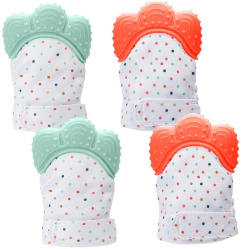 2 Pairs Teething Mittens, Adjustable Food Grade Silicone Baby Teething Mitten Built-in Phonic Membranc, Sensory Stimulating Glove for 3-6 Months Baby