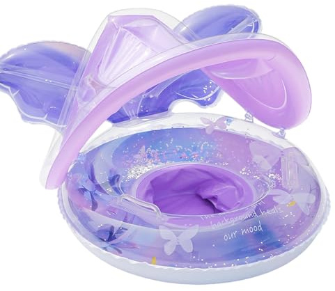 Galleggiante per Bambini dal Design Scintillante a Farfalla con Tettuccio - Anello da Nuoto per Neonati 6-12 Mesi Sedile Antiribaltamento Ombrellone per Giochi in Acqua Sicuro, Viola