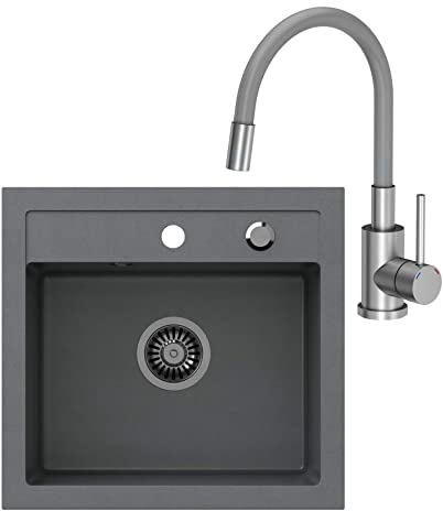 VBChome Spülbecken + Armatur 50 x 47 cm Grau Spüle Einzelbecken Küche Einbauspüle Verbundspüle Küchenspüle gesprenkelt flächenbündig + Siphon Waschbecken
