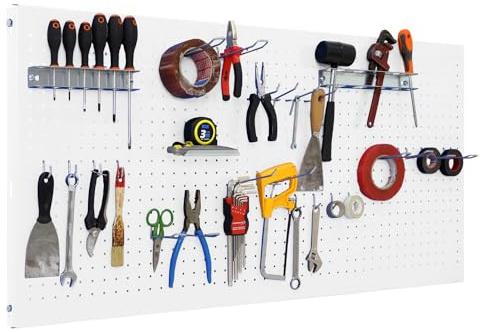 SimonRack Werkzeugwand, 25 teiliges Hakenset, 150x60x3,5 cm, Metall-Lochwand, Halterungen, Montagematerial, Weiss - Simonwork