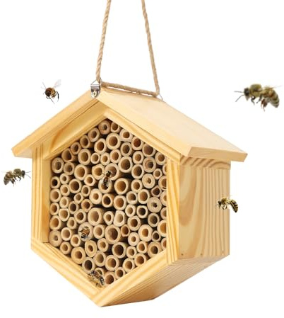 Mason Bee House Native Bee Hive Hexagon Bee House Handmade Wooden Mason Bee Box Habitat Home Hotel with Tubes -Attracts Peaceful Bee Pollinators to Enhance Your Garden's Productivity