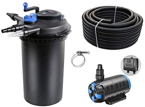 AquaOne Teichfilter Set mit Teichpumpe I Filteranlage CPF-15000 für einen Teich bis 30.000 Liter Liter I Komplettset mit UV Lampe regelbare Eco Pumpe 18-80 Watt Teichschlauch Nr.31