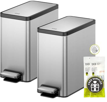 EKO 2 Pack Small Bathroom Trash Can with Lid Soft Close, Step Pedal, 6 Liter / 1.6 Gallon Stainless Steel Garbage Can with Removable Inner Bucket, Waste Basket for Bathroom, Bedroom