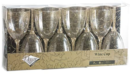 Decor Decorline - 96 x Gobelets à vin en Plastique Rigide de Qualité Supérieure des Verres à Vin - Paillettes Dorées - pour les Mariages et Fêtes, 200 ml - Réutilisables et Stables