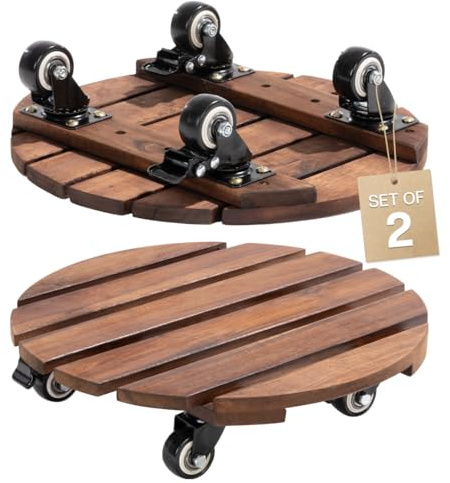 Idzo 2-Pack 14 Inch Acacia Wood Plant Caddy with Wheels – Heavy-Duty Plant Dolly with 264 Lbs Capacity, 360° Lockable Wheels for Large Plant Pots, Heavy Objects, Ideal for Indoor and Outdoor Use