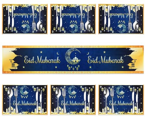 Panelee 7 Stück Eid Mubarak Tischläufer und Tischsets Ramadan Mubarak Tischläufer Goldene Mond Sterne Platzsets aus Polyester Platzdeckchen Eid Mubarak Tischdecke für Muslim Zuhause Party (Blau)