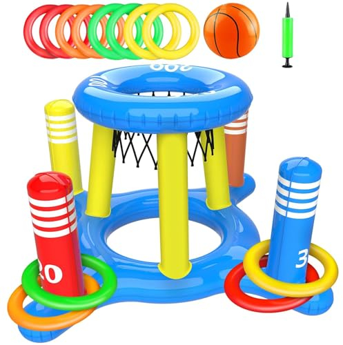 Aufblasbare Pool Spielzeug, 2 in 1 Aufblasbares Wasserspielzeug Set, Schwimmender Basketballkorb und Wurfkorbspielzeug, Draußen Outdoor Pool Party Spielzeug für Kinder, Erwachsene, Familien