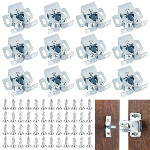 Haocjanc 12 Stück Doppel-Rollenschnäpper, Möbelschnäpper mit 48 Schrauben, Schubladen Verriegelung, Schnappverschluss für Türen, Fenster und Küchenschränke(Silber)