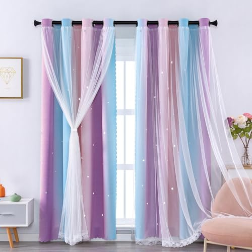 XiDi Vorhänge Kinderzimmer 132 × 183 cm für Erwachsene Vorhänge Schatten für Kinder mit Türdekorationen aus transparentem Glas Sterne Geschnittene Vorhänge Ring