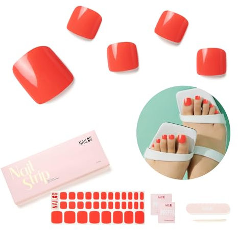 NAILOG Semi Cured Gel Nail Strips, Toe Nail Polish Strips with Glossy Gel Finishing | 32 Pieces Long Lasting Pedi Nail Wrap, Watermelon Red