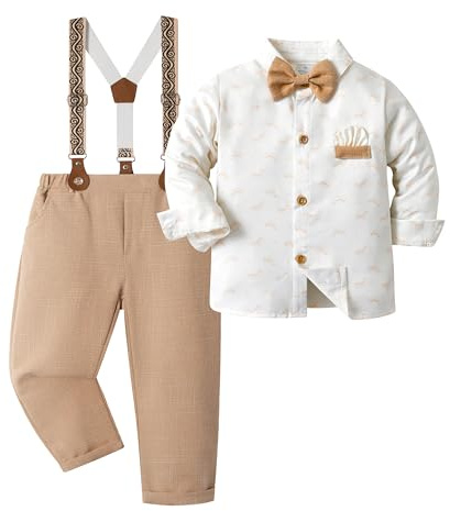 Volunboy Conjunto de Boda Trajes para Bebé Niños, Algodon Camisa con Pajarita + Tirantes Pantalones 4 Piezas Ropa(12-18 meses,Estampado Caqui,Tamaño 80)