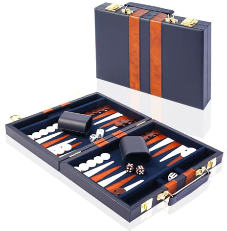 Set-backgammon per 2 Giocatori, Valigetta Backgammon da 11 Pollici con Accessori Completi, Portatile da Viaggio con Maniglia di Trasporto, per Adulti (Blu navy)