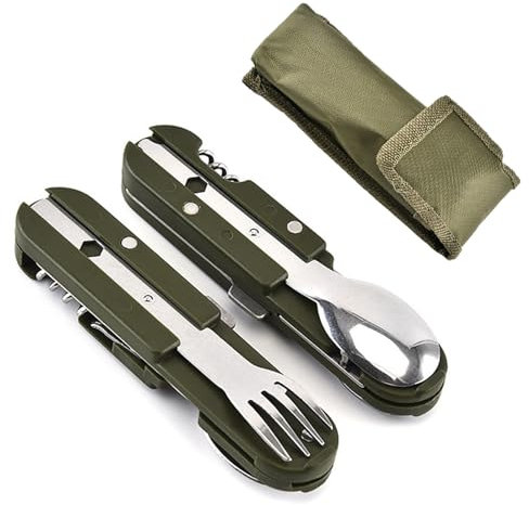 Edelstahl Besteck 5 in 1 Klappbesteck Campingbesteck, Outdoor Besteckset mit Abnehmbarer Gabel, Löffel, Messer, Flaschenöffner, Dosenöffner und Tragetasche für Camping, Wandern, Picknick und Reisen