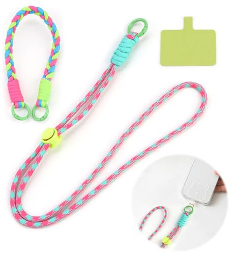 Juego de 2 collares para teléfono móvil y pulseras en color azul pastel y rosa para un agarre seguro y un uso elegante en el cuello y la muñeca, ideal para viajes