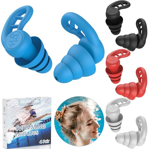 Tapones para los oídos de natación para adultos, 4 pares de tapones para los oídos de silicona reutilizables impermeables para natación, surf, ducha y piscina de agua (Negro, Azul, Rojo, Blanco)