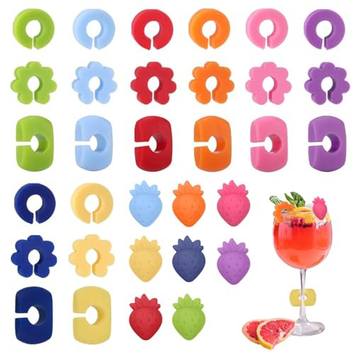 Minfuerang Segnabicchieri in Silicone,Pennarelli Bevande Alimentare,Adatti per Cocktail,Champagne,Ideale Matrimoni Natale (32 Pezzi)