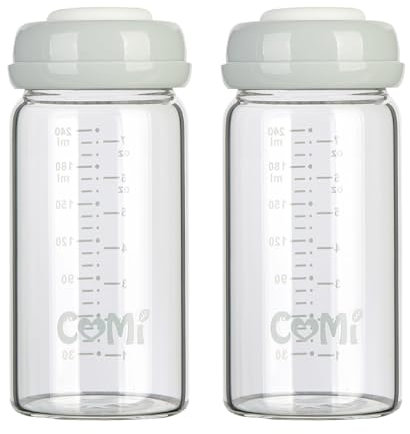 Glass Breastmilk Storage Bottles Grey 2 Packs 8.oz 240ml Reusable Wide Neck Bottles with Screw Ring Sealing Disk BPA-Free Leak-Proof Breastfeeding Milk Collection Fits Breast Pumps & Nipples