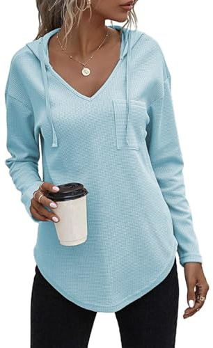 Cuptacc Sudaderas Mujer con Capucha Jersey Oversize Cuello V Camiseta Manga Larga Sudadera Luz Azul Cielo,3XL 52
